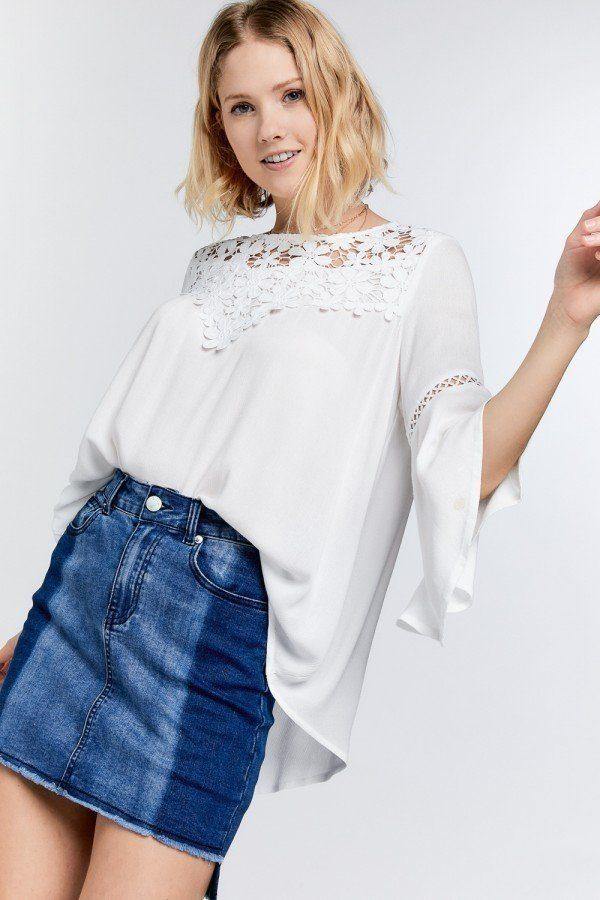 Cute Floral Mesh Lace Accent Yoke Crochet Detailed Tie-back Bell Sleeve Blouse Top - Pearlara