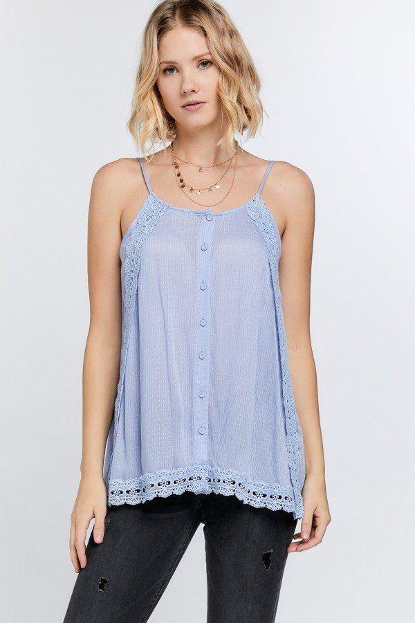 Boho Scallop Lace Trim Detailed Button Down Solid Subtle Textured Slit Side Overlay Layered Cami Top - Pearlara