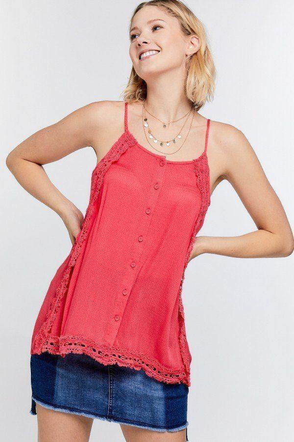 Boho Scallop Lace Trim Detailed Button Down Solid Subtle Textured Slit Side Overlay Layered Cami Top - Pearlara