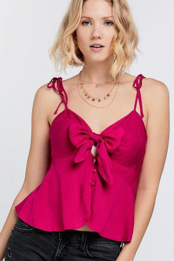 Cutout Detail Ruched Twist Bow Sweetheart Neckline Smocked Back Ribbon Tie Spaghetti Strap Cami Top - Pearlara