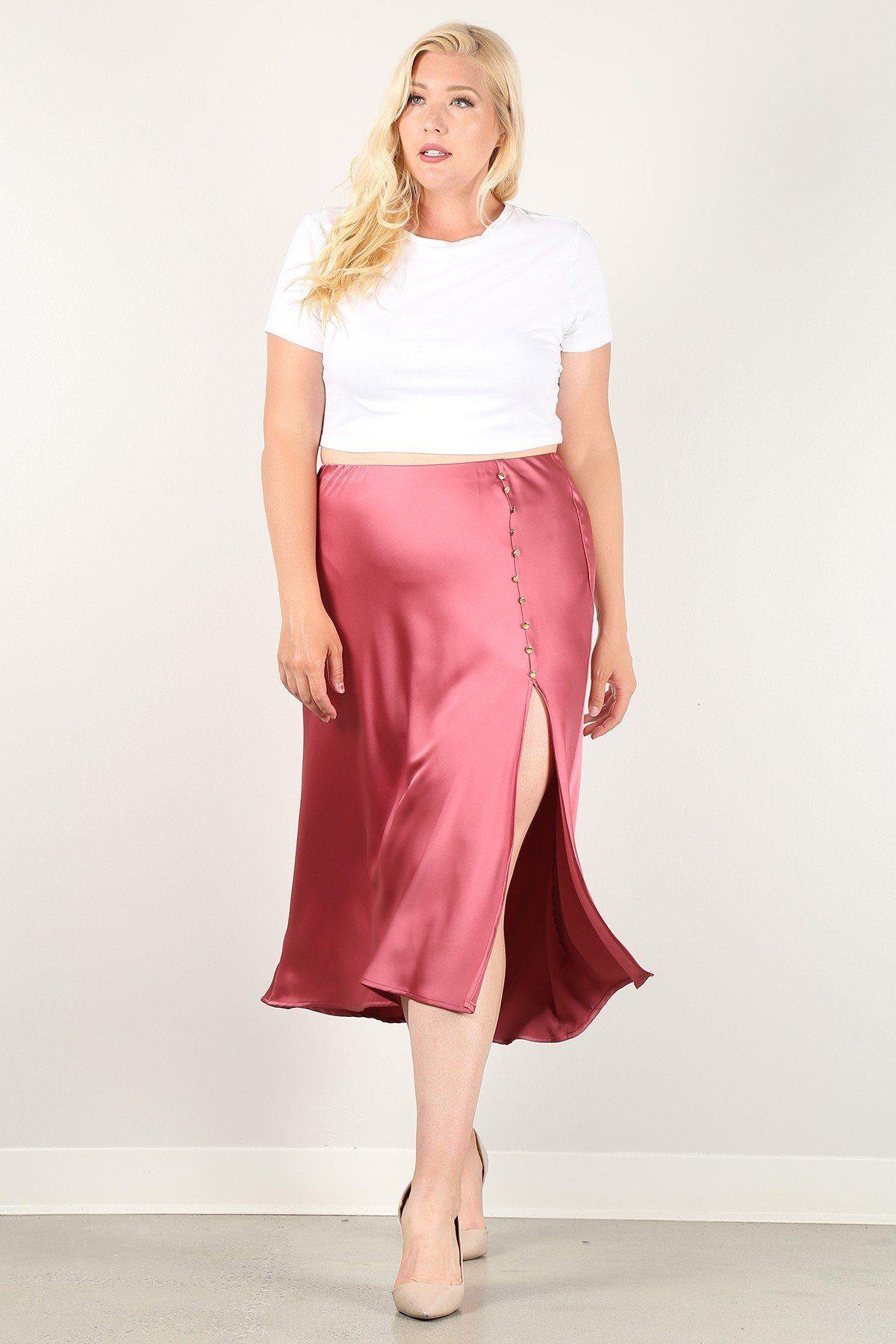 Solid High-waist Skirt With Button Trim And Side Slit - Pearlara