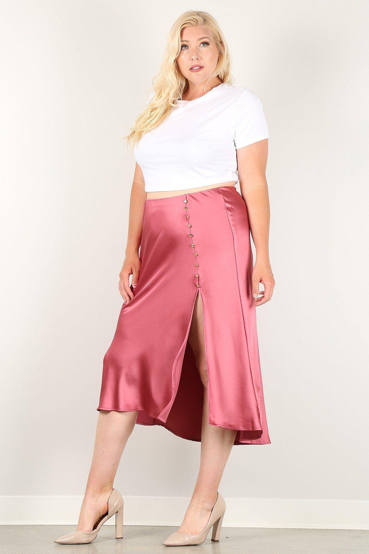 Solid High-waist Skirt With Button Trim And Side Slit - Pearlara