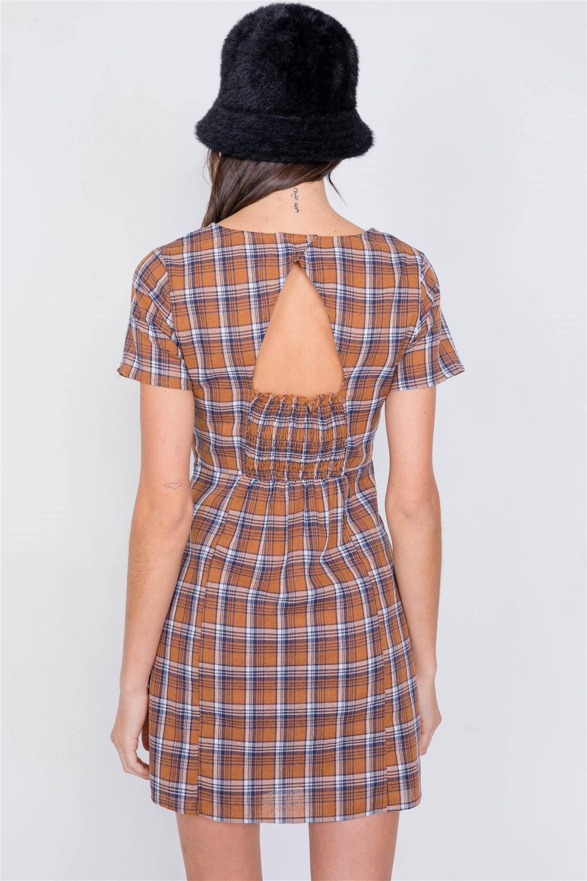Brown Multi Checkered Stripe Casual Open Back Vintage Mini Dress - Pearlara