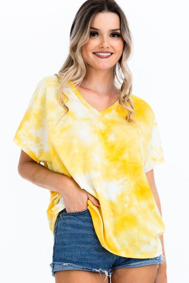 Tie-dye Top Featured In A V-neckline And Cuff Sort Sleeves - Pearlara