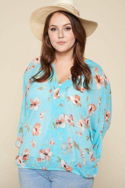 Plus Size Floral Chiffon Sheer Surplice Top - Pearlara