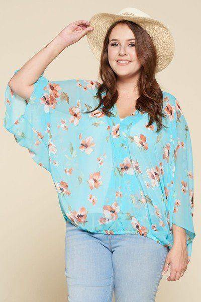 Plus Size Floral Chiffon Sheer Surplice Top - Pearlara