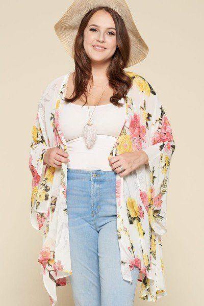 Plus Size Floral Printed Oversize Flowy And Airy Kimono With Dramatic Bell Sleeves - Pearlara