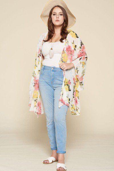 Plus Size Floral Printed Oversize Flowy And Airy Kimono With Dramatic Bell Sleeves - Pearlara