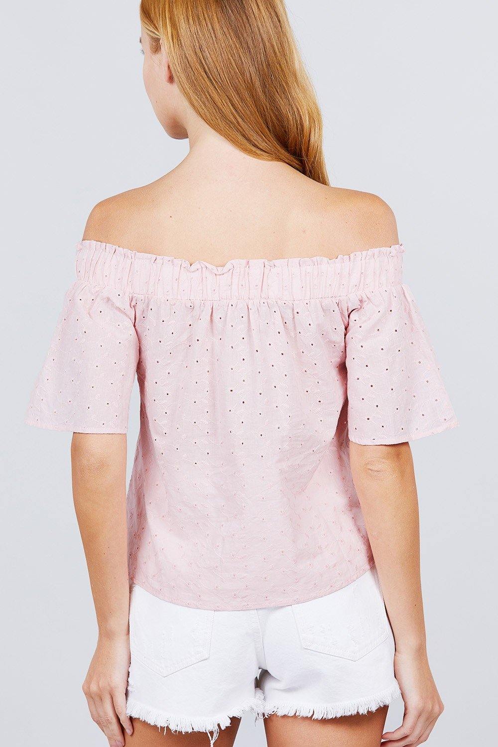 Short Sleeve Off The Shoulder Eyelet Woven Top - Pearlara