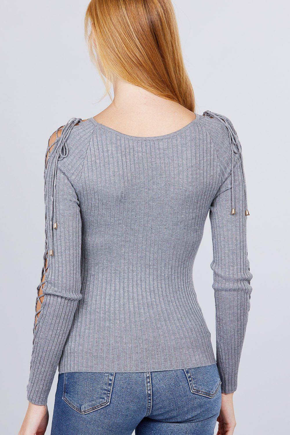 Long Sleeve W/strappy Detail Round Neck Rib Sweater Top - Pearlara