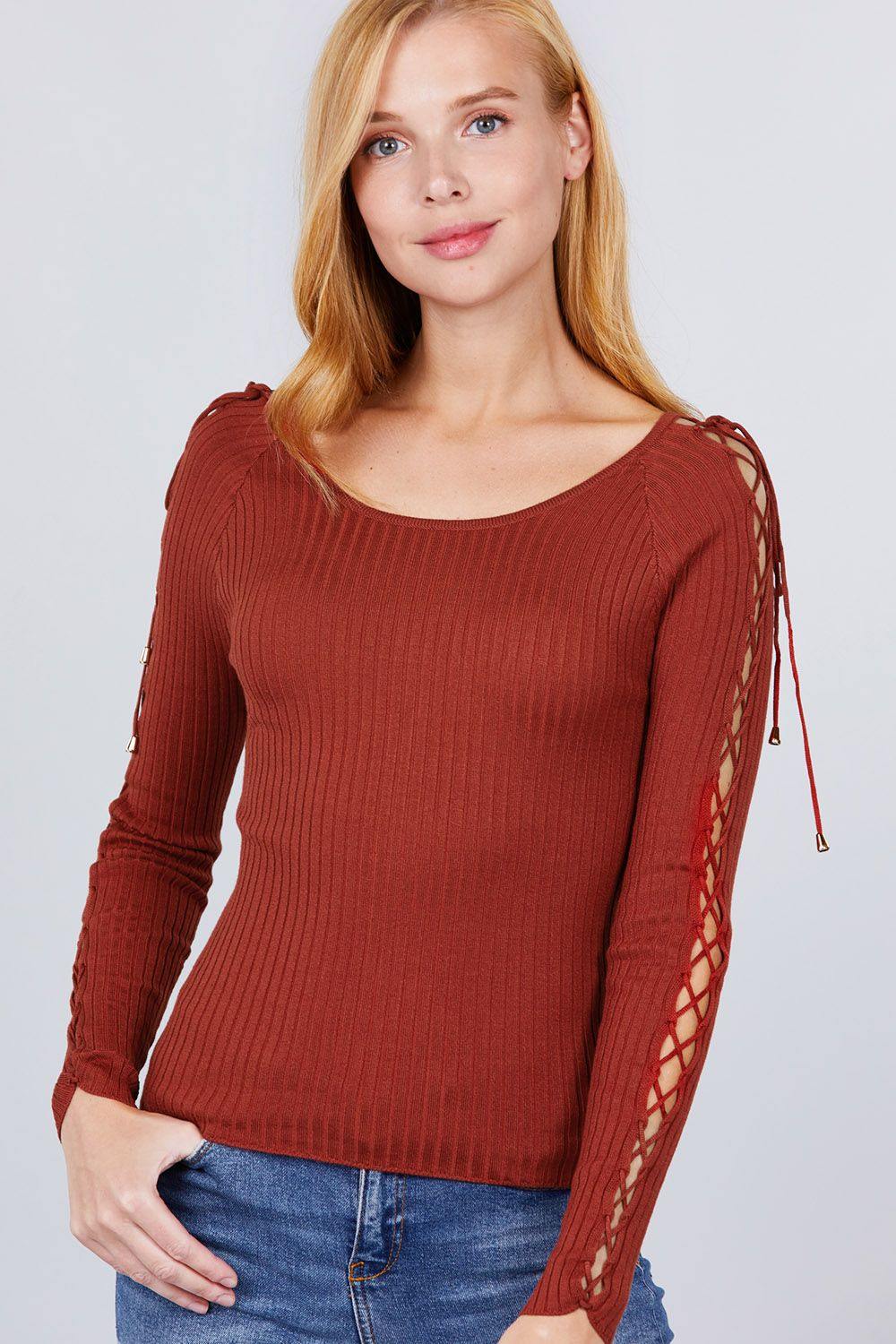 Long Sleeve W/strappy Detail Round Neck Rib Sweater Top - Pearlara