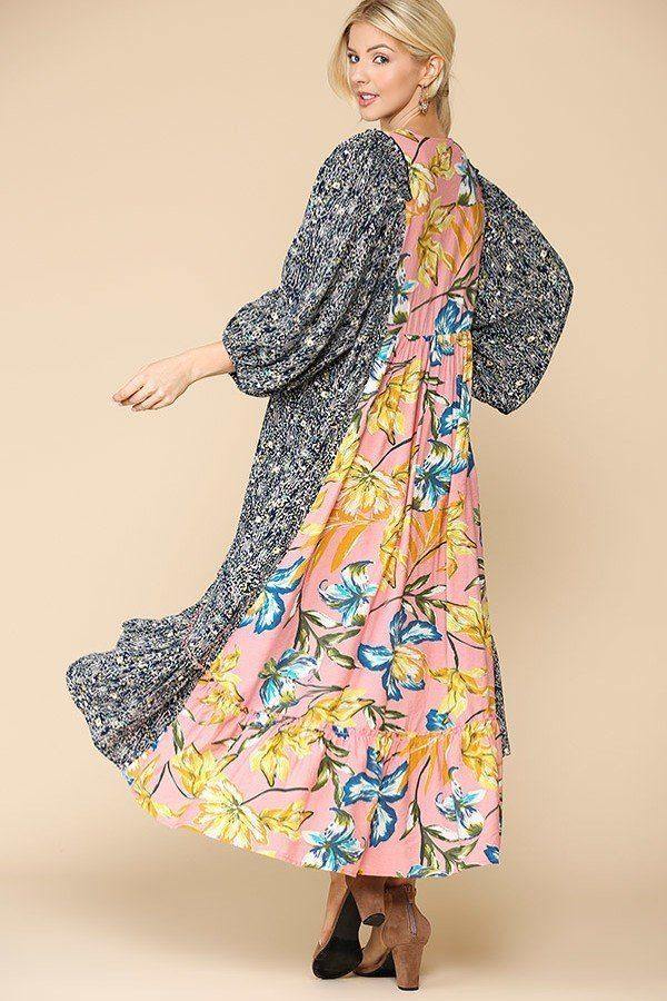 Floral Print V-neck Side Pocket Ruffled Dress - Pearlara
