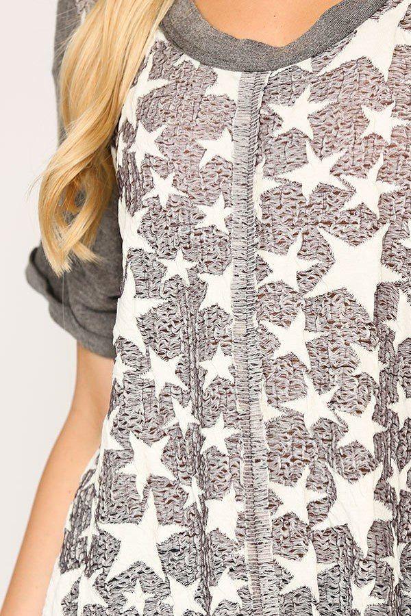 Star Textured Knit Mixed Tunic Top With Shark Bite Hem - Pearlara