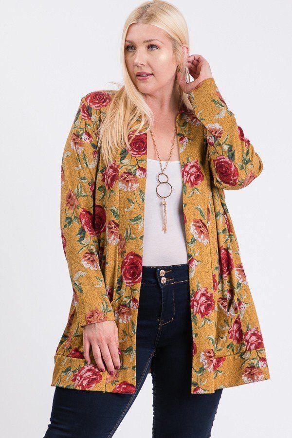 Plus Size Flower Print Pocket Flower Print Hacci Cardigan - Pearlara