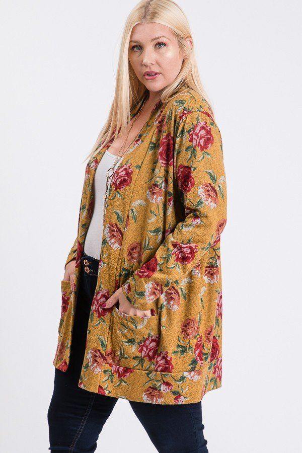 Plus Size Flower Print Pocket Flower Print Hacci Cardigan - Pearlara