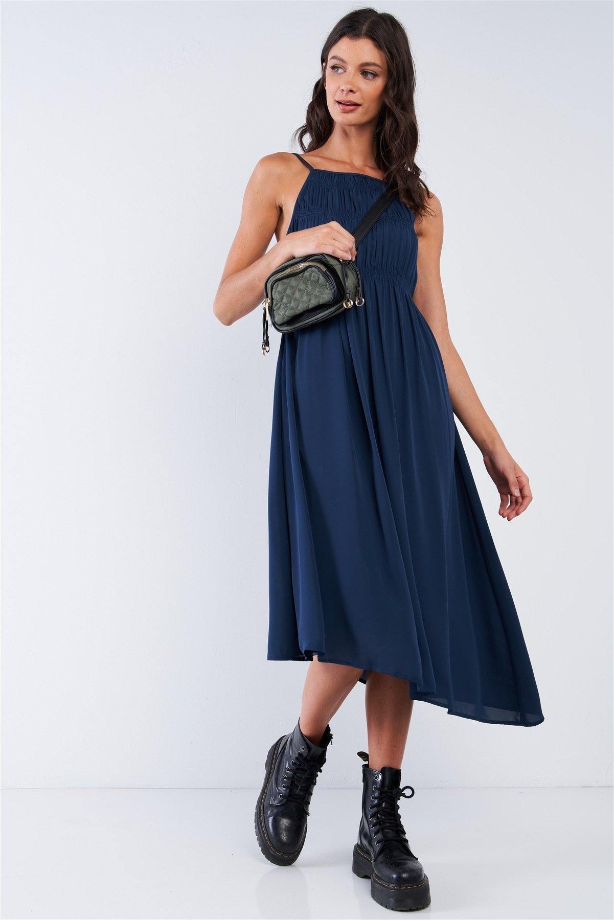 Navy Seal Blue Asymmetrical Square Neck Adjustable Cami Strap Maxi Dress - Pearlara