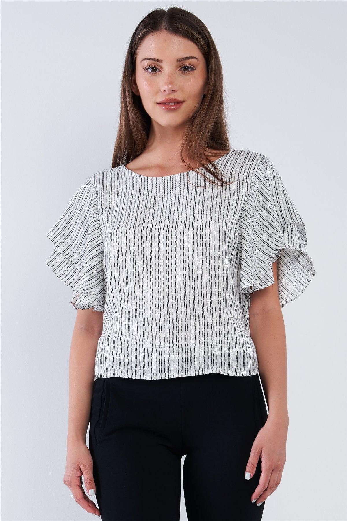 White Black Striped Ruffled Sleeve Backless Belted Blouse Top - Pearlara