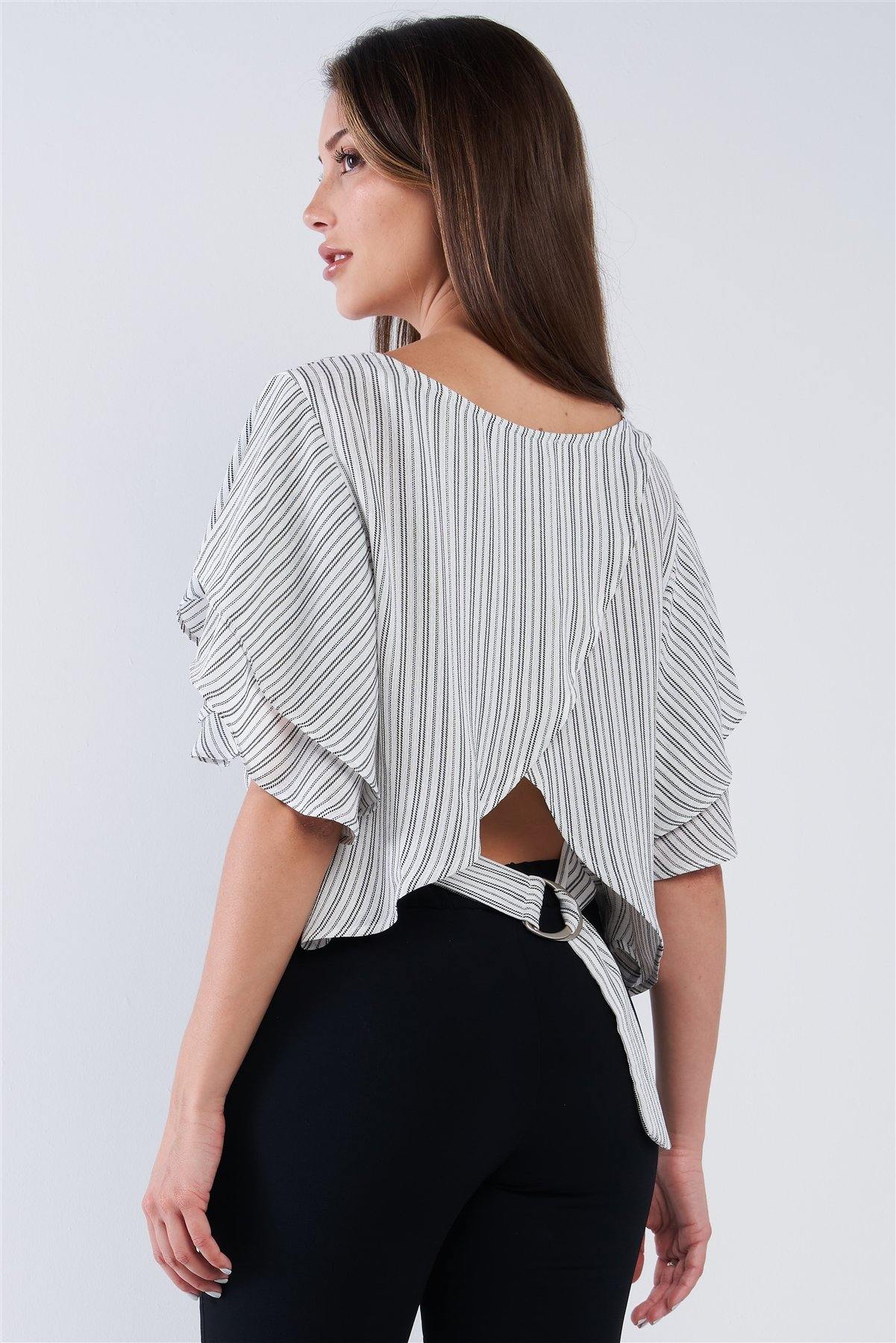 White Black Striped Ruffled Sleeve Backless Belted Blouse Top - Pearlara