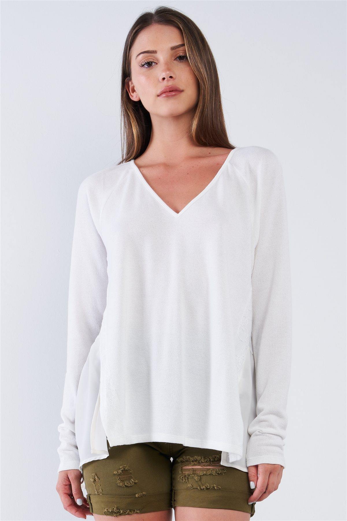 Off-white Loose Fit Long Sleeve V-neck Mesh Detail Tunic Pullover Top - Pearlara