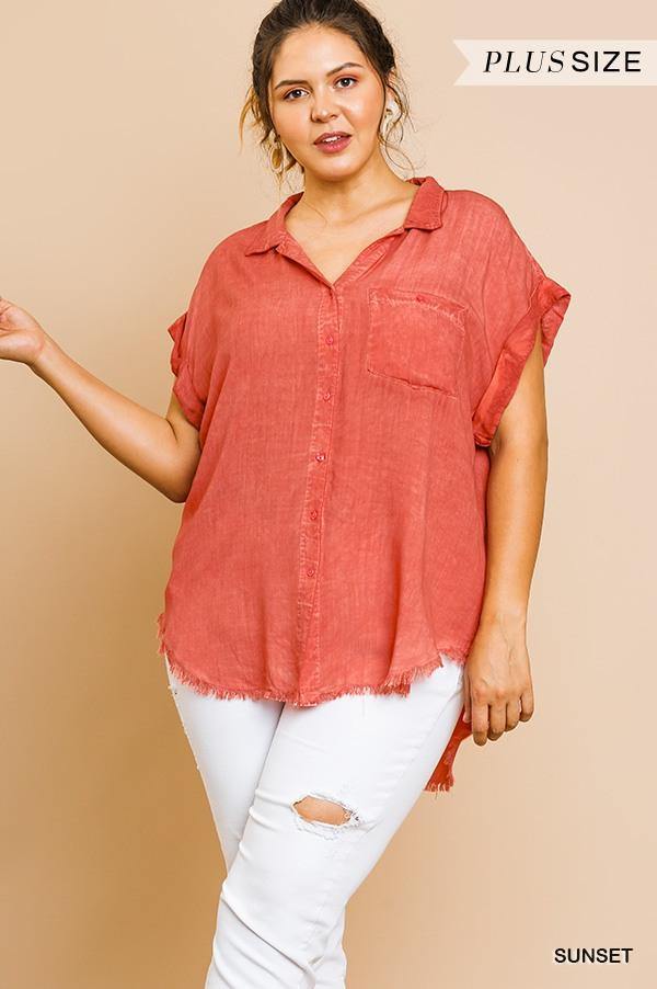 Washed Button Up Short Sleeve Top With Frayed Hemline - Pearlara