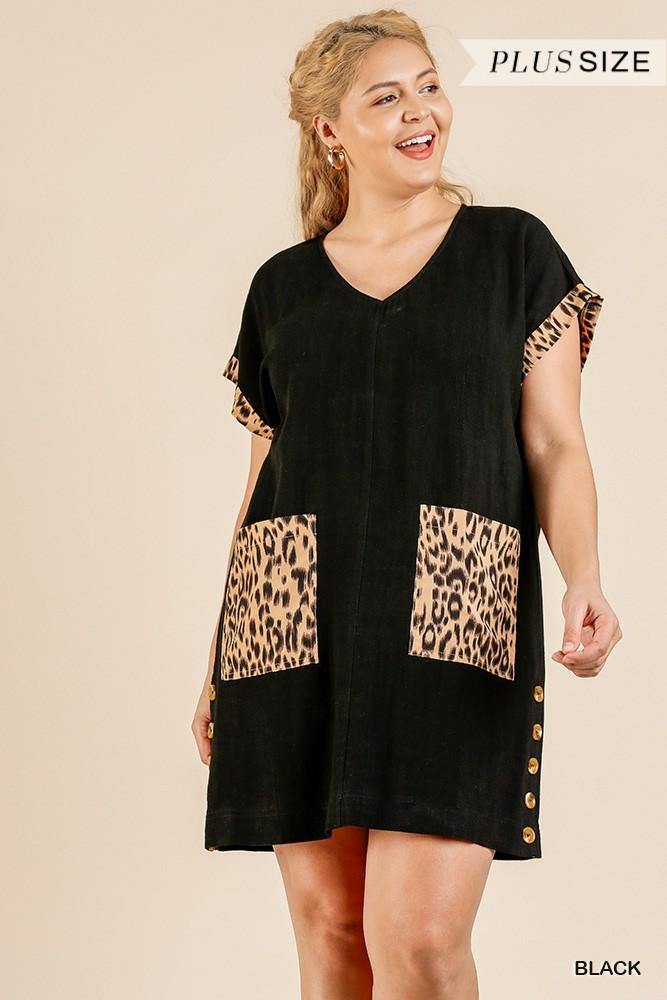 Animal Print Short Folded Sleeve V-neck Dress With Side Buttons And Front Pockets - Pearlara