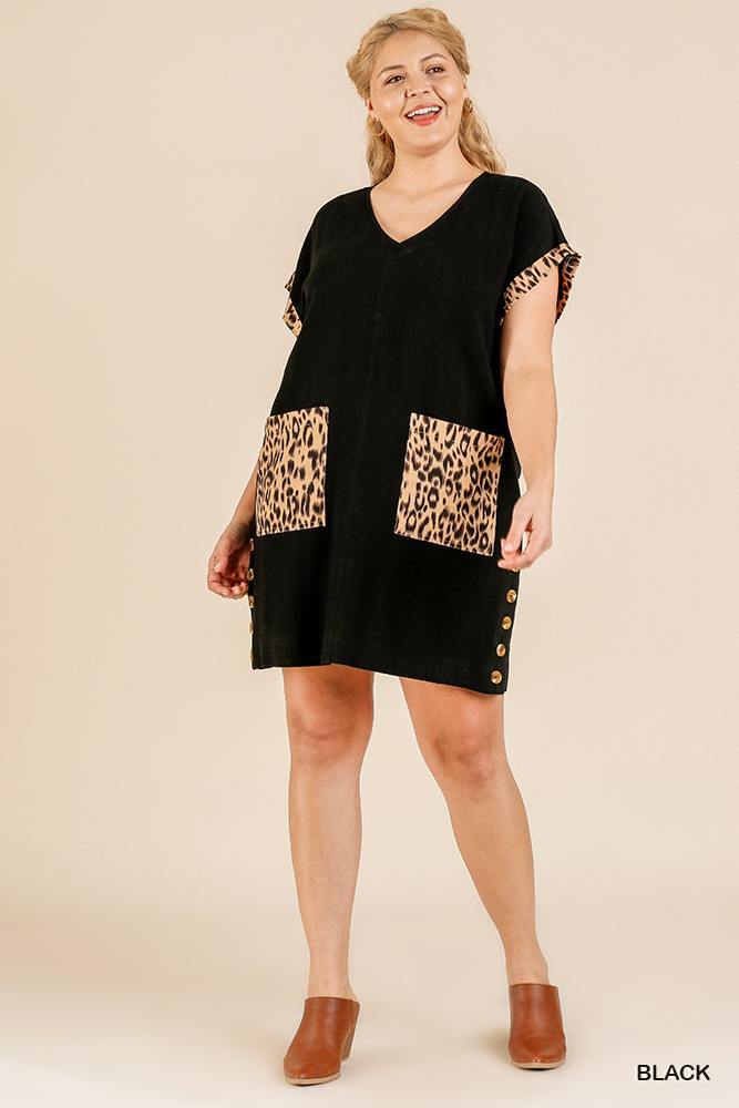 Animal Print Short Folded Sleeve V-neck Dress With Side Buttons And Front Pockets - Pearlara