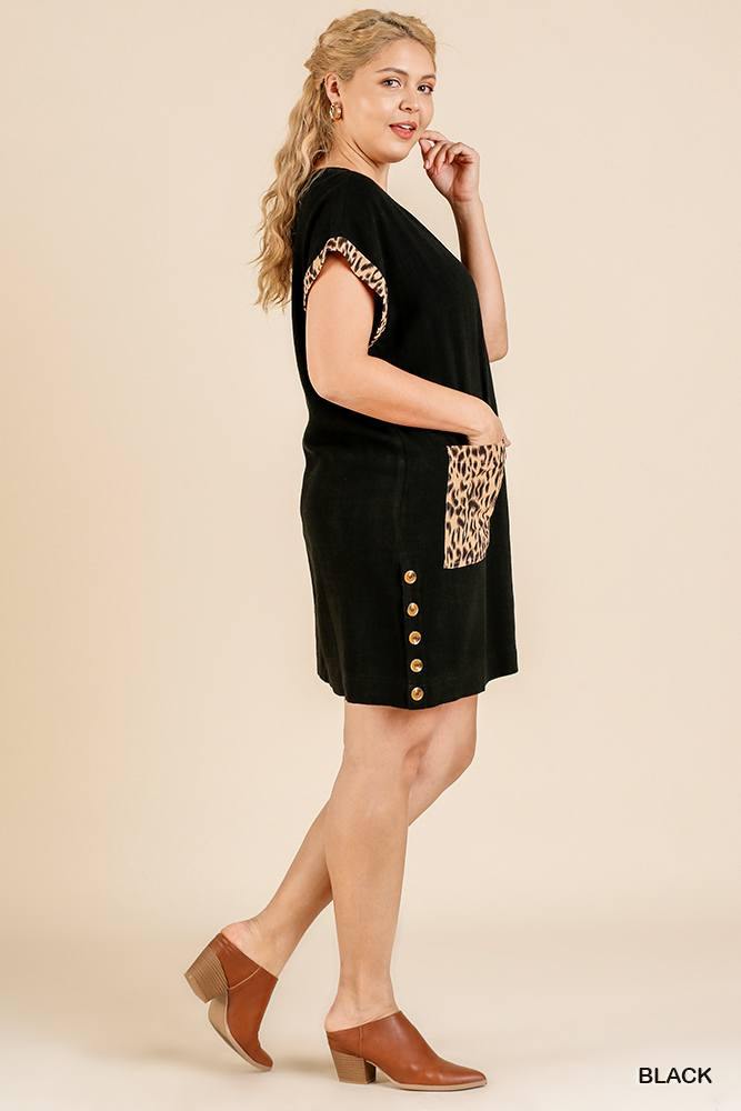 Animal Print Short Folded Sleeve V-neck Dress With Side Buttons And Front Pockets - Pearlara