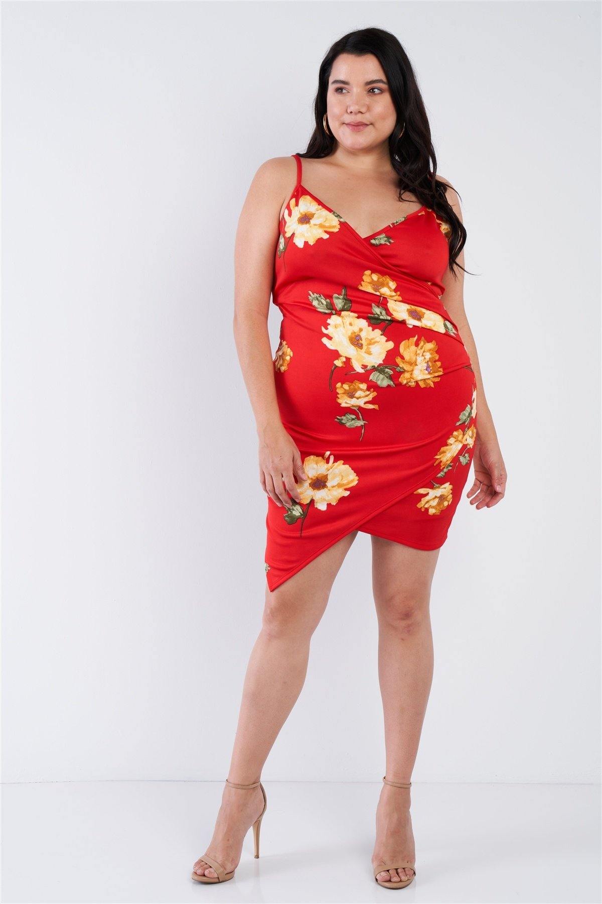 Plus Size Floral Print V-neck Cinched Size Chic Mini Dress - Pearlara