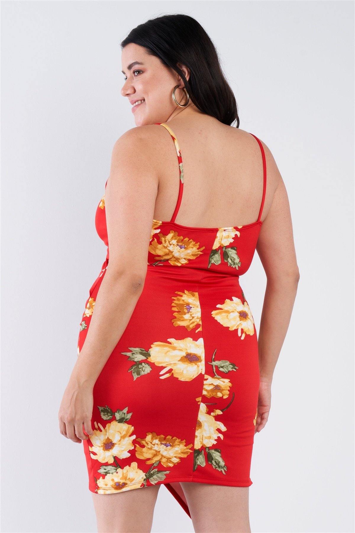 Plus Size Floral Print V-neck Cinched Size Chic Mini Dress - Pearlara