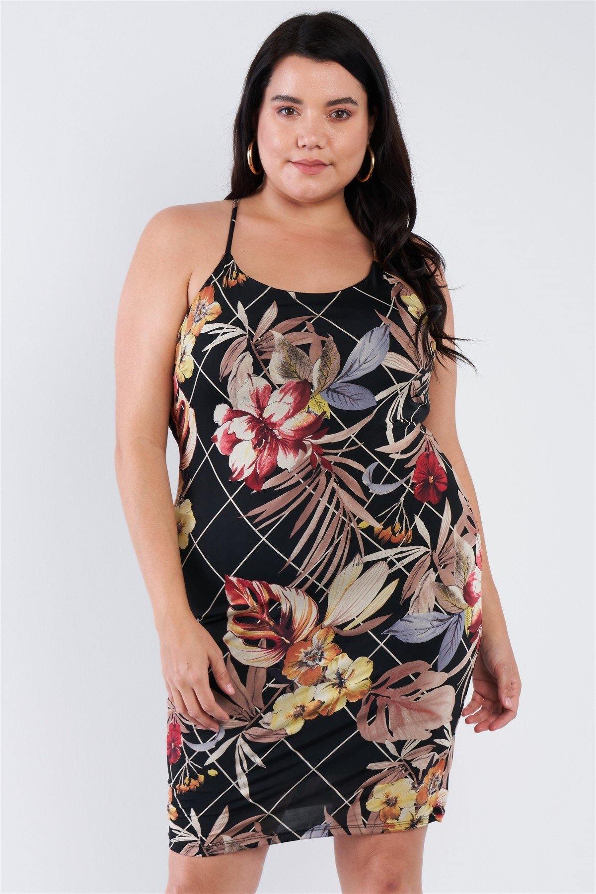 Plus Size Criss-cross Open Back Mini Floral Print Dress - Pearlara