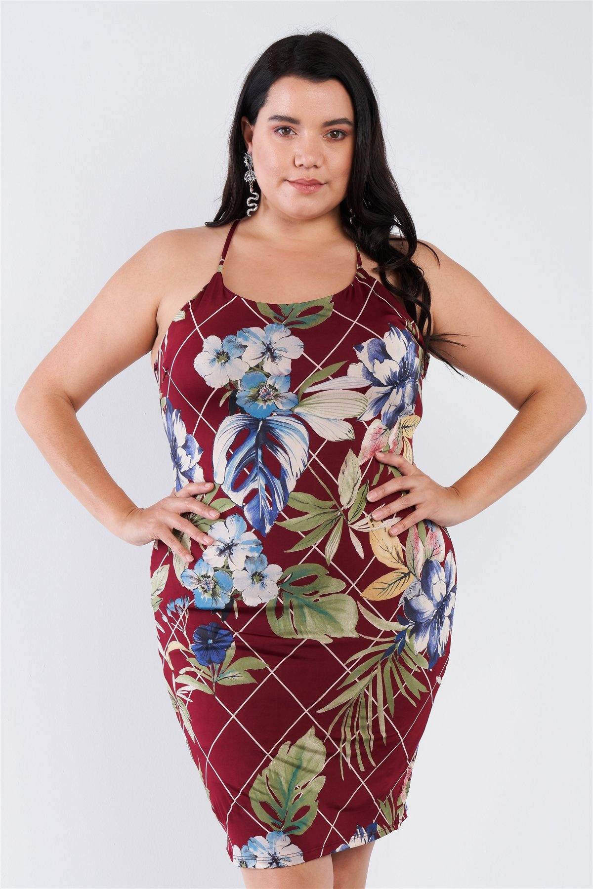 Plus Size Criss-cross Open Back Mini Floral Print Dress - Pearlara