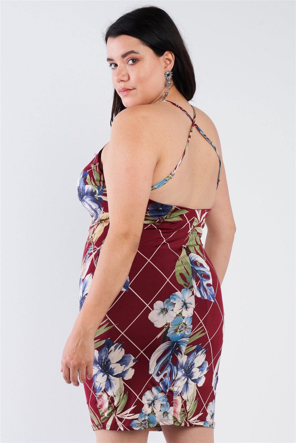 Plus Size Criss-cross Open Back Mini Floral Print Dress - Pearlara