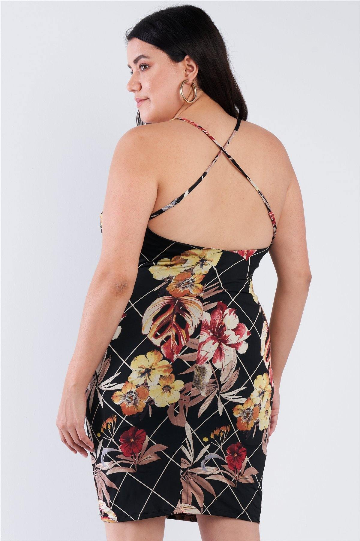 Plus Size Criss-cross Open Back Mini Floral Print Dress - Pearlara