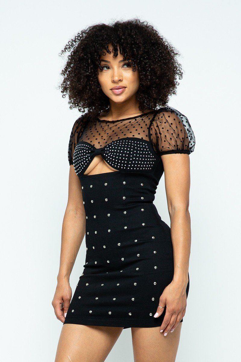 Stretchable Tight Mini Dress With Hot-fix Details And Center Back Open Zippered - Pearlara