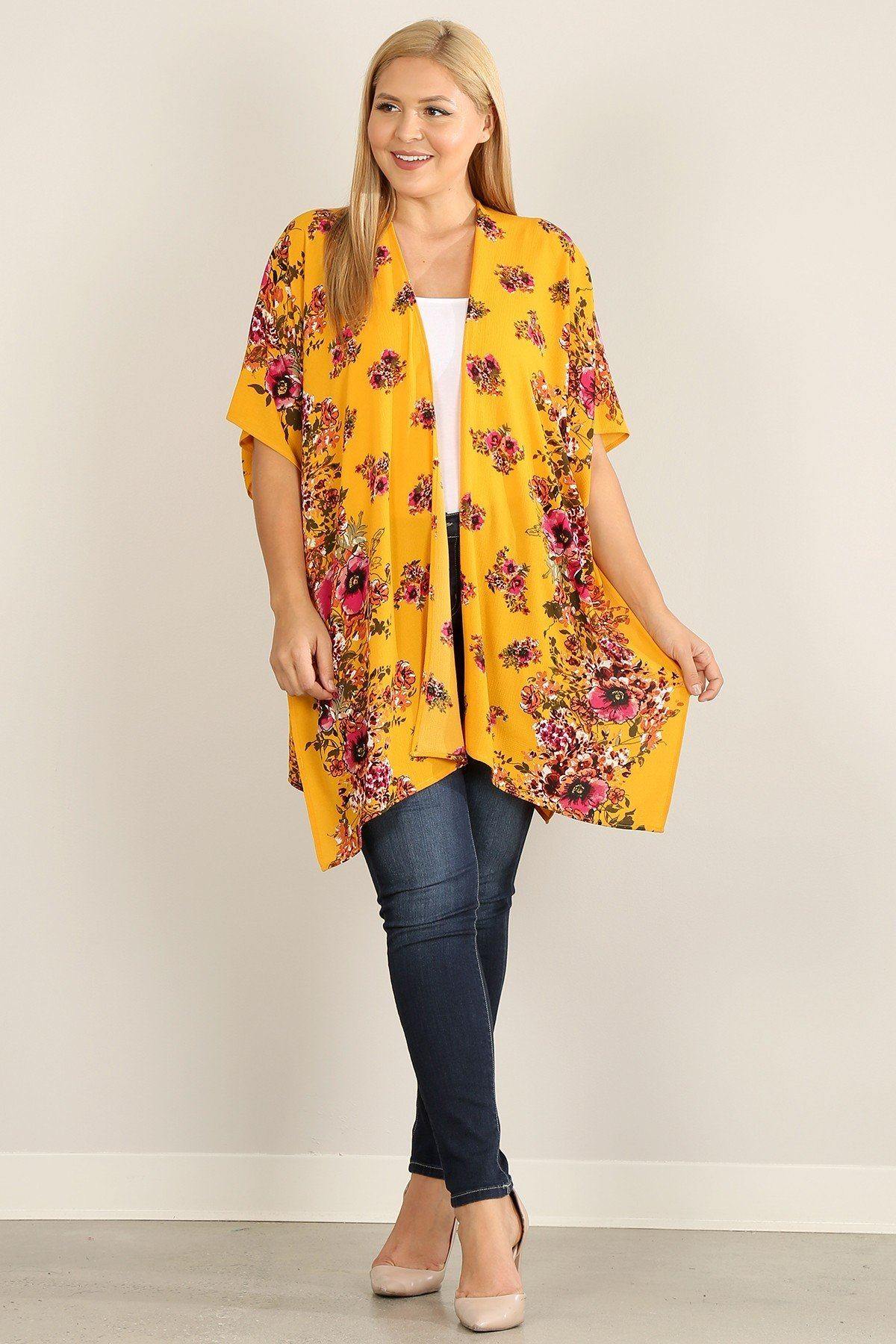 Plus Size Floral Print Kimono - Pearlara