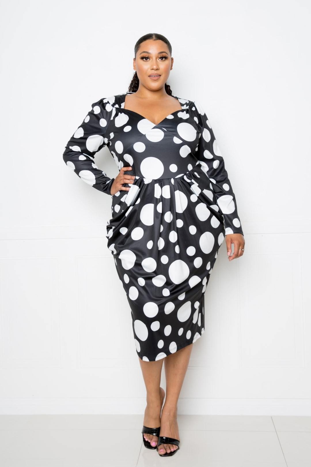 Polka Dot Drop Waist Ruched Midi Dress - Pearlara