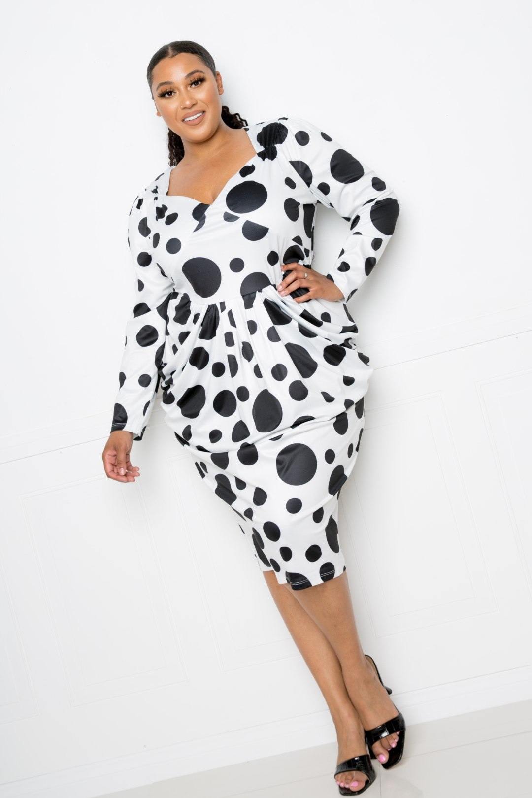 Polka Dot Drop Waist Ruched Midi Dress - Pearlara