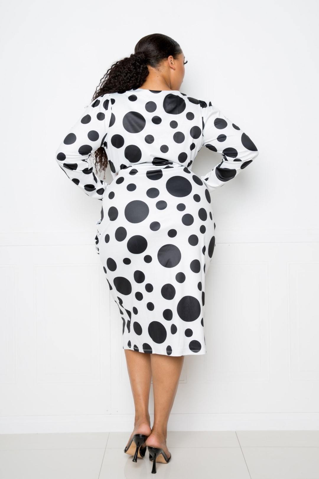 Polka Dot Drop Waist Ruched Midi Dress - Pearlara