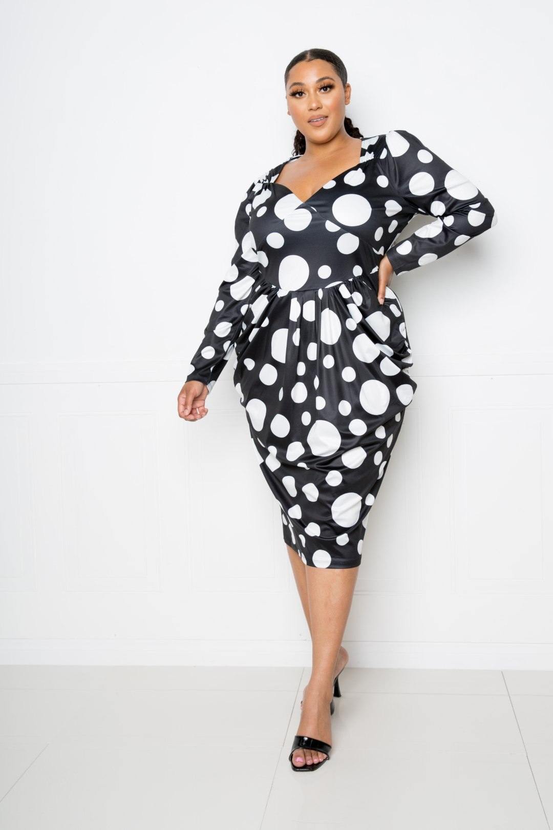 Polka Dot Drop Waist Ruched Midi Dress - Pearlara