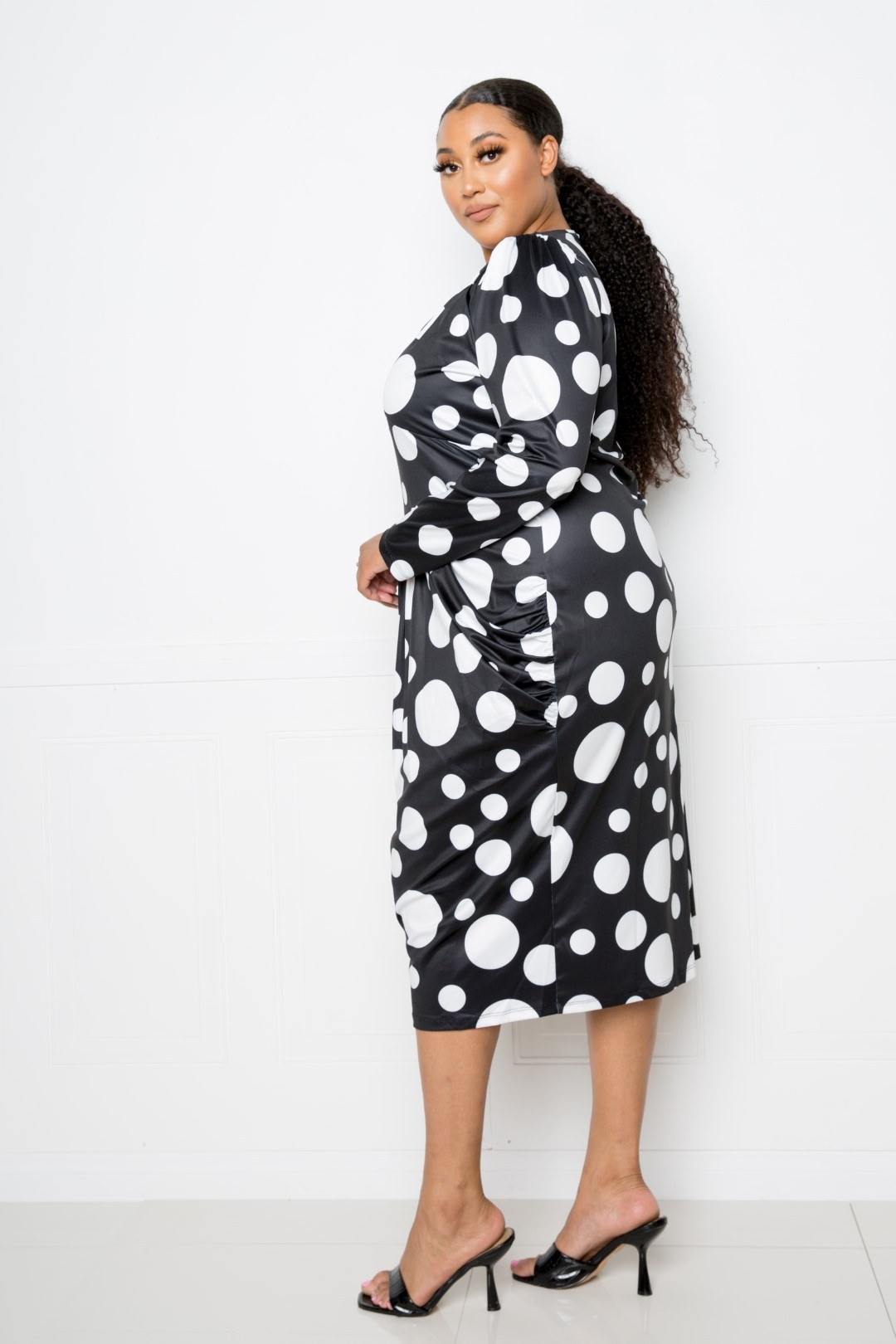 Polka Dot Drop Waist Ruched Midi Dress - Pearlara