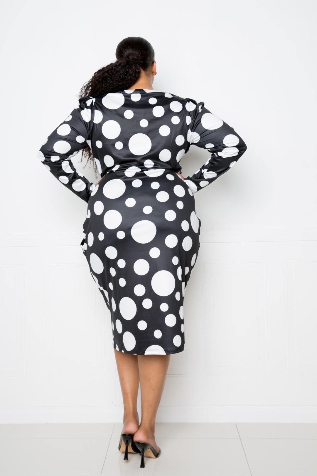 Polka Dot Drop Waist Ruched Midi Dress - Pearlara