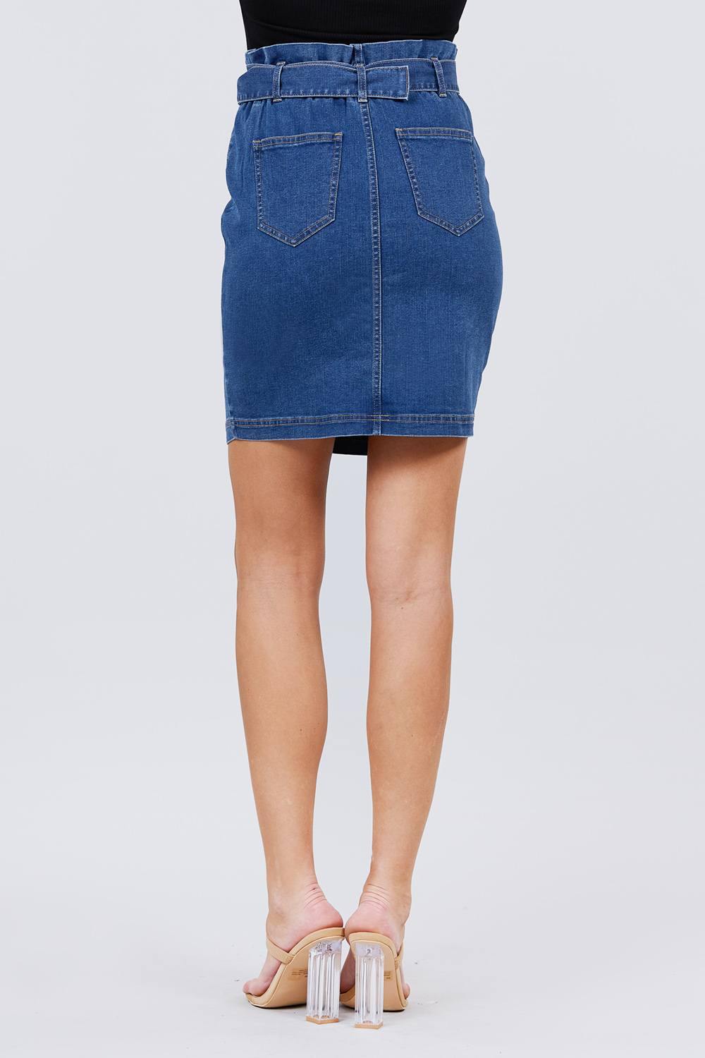 Elasticized Waist With Belt Side Pocket Denim Skirts - Pearlara