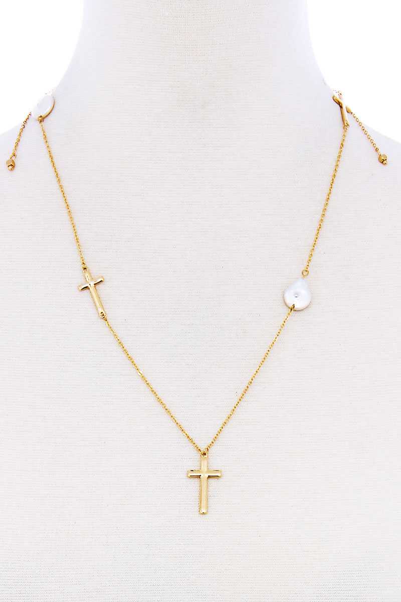 Triple Cross And Pearl Pendant Endless Necklace