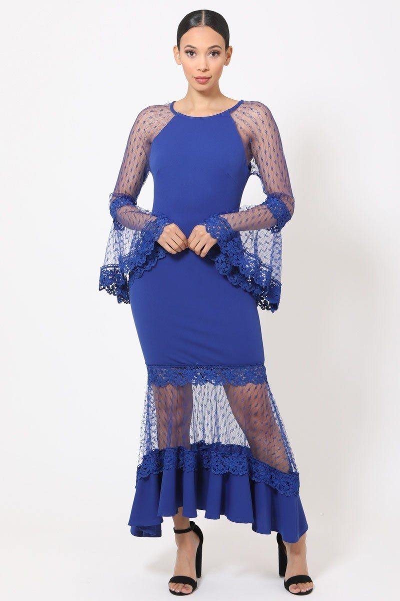 Bell Sleeve Mesh Combined Fashion Long Dress - Pearlara