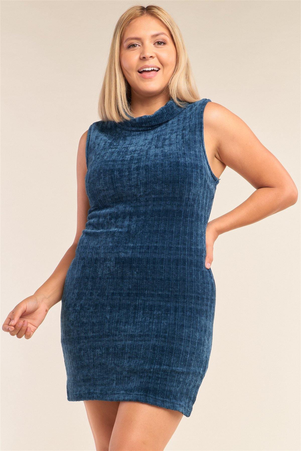 Plus Size Sleeveless Ribbed Knit Semi-turtleneck Mini Dress - Pearlara