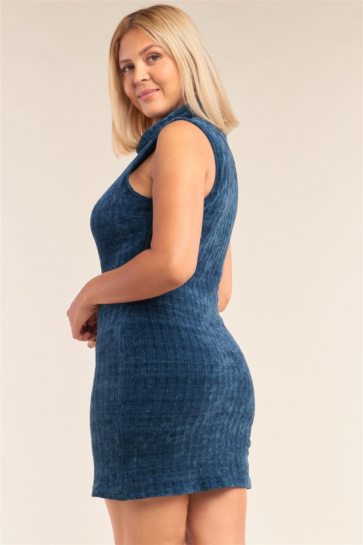 Plus Size Sleeveless Ribbed Knit Semi-turtleneck Mini Dress - Pearlara