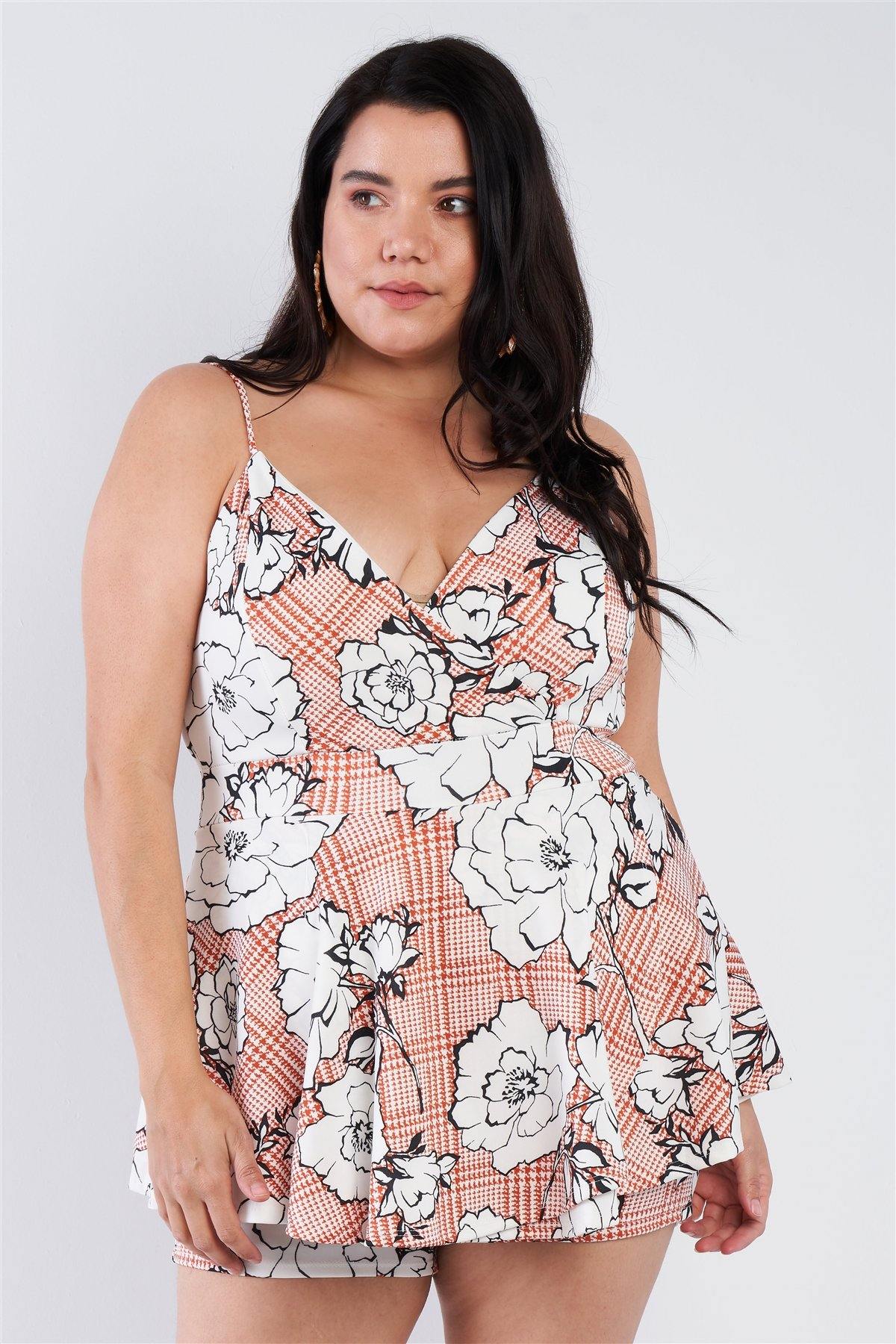 Plus Size Floral Short Skort Mini V-neck Romper - Pearlara