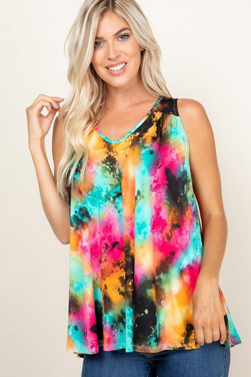 Tie Dye Sleeveless V Neck Swing Tunic Top - Pearlara