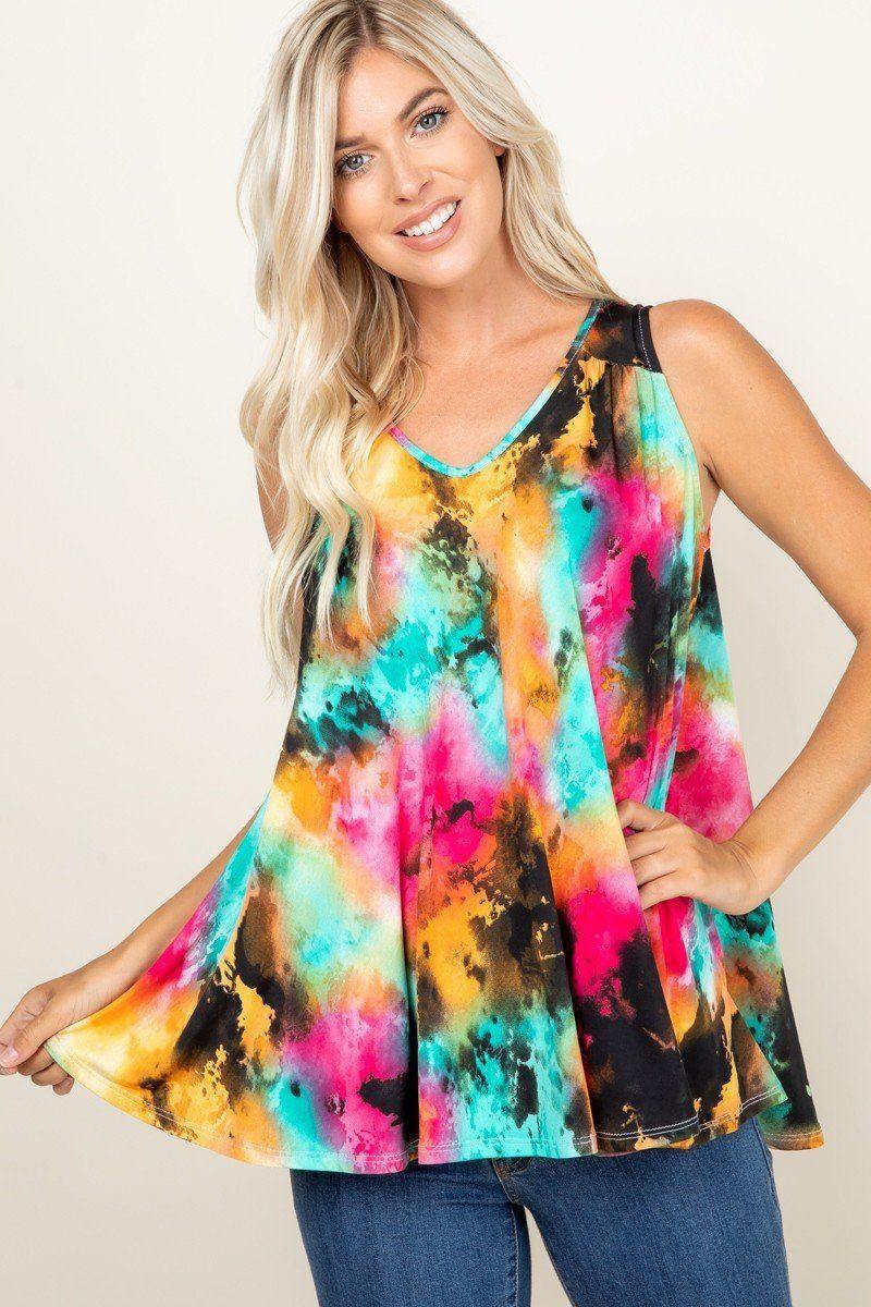 Tie Dye Sleeveless V Neck Swing Tunic Top - Pearlara