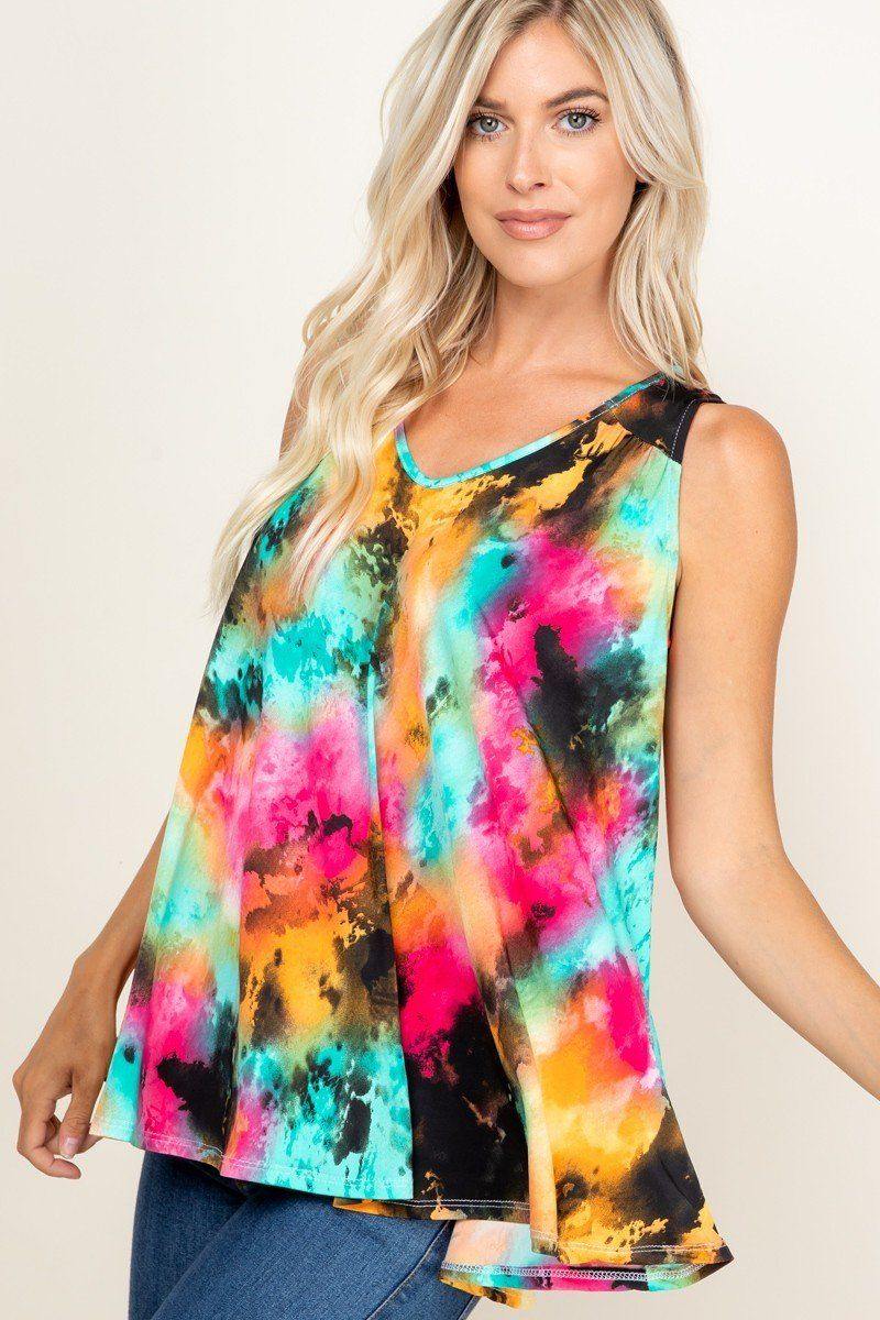 Tie Dye Sleeveless V Neck Swing Tunic Top - Pearlara